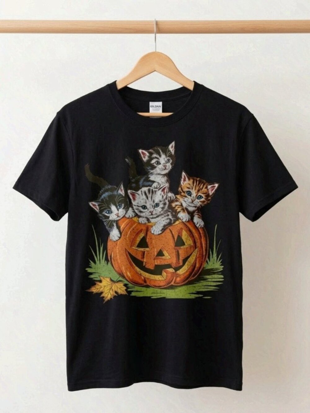 Vintage 90s Halloween Kittens Pumpkin Spooky Season Black T-Shirt Reprint